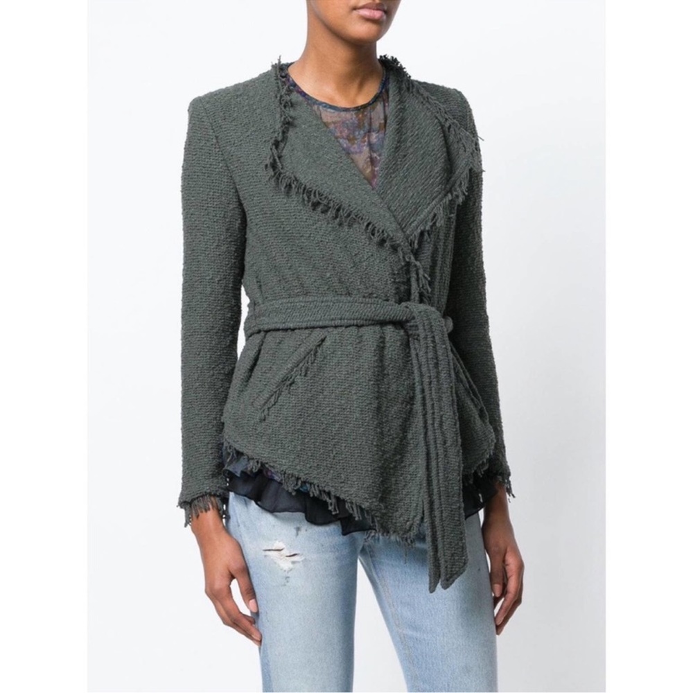 IRO Schala Belted Fringe Wrap Jacket in Green, Size 40